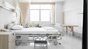 Modern Hospital Patient Room Interior Design with Adjustable Bed and Natural Light HD wallpaper