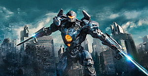 Gipsy Avenger Kaiju Hunter Mech From Pacific Rim Uprising In Urban Battle HD wallpaper