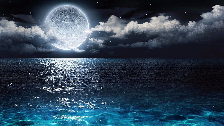 Full Moon Over Ocean at Night with Clouds and Water Reflection HD wallpaper