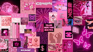 Pink Neon Aesthetic Collage with Vintage Tech, Fashion Icons, and Y2K Style Elements HD wallpaper