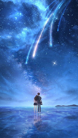 Couple Watching Meteor Shower Over Calm Ocean Under Starry Night Sky HD phone wallpaper