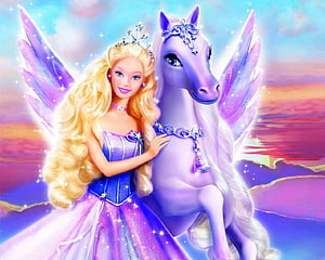 Barbie Princess with Winged Unicorn in a Magical Fantasy Landscape HD wallpaper