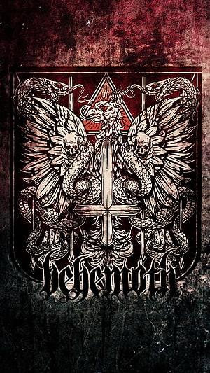 Behemoth Band Emblem With Winged Serpents, Skulls, and Cross on Dark Red Grunge Background HD phone wallpaper