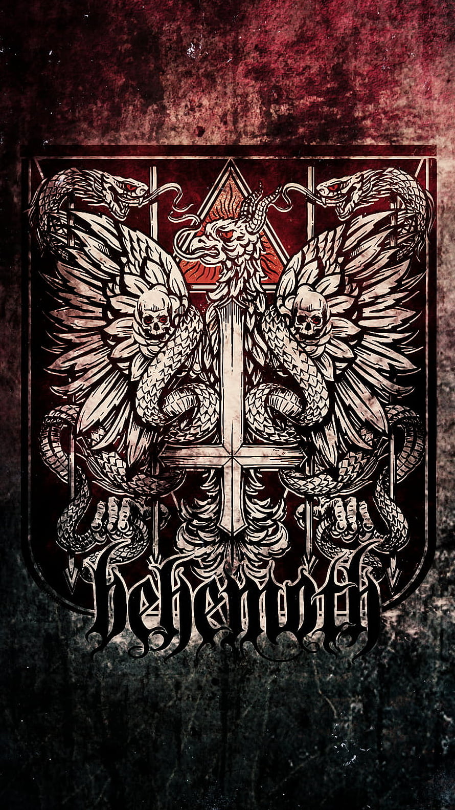 Behemoth Band Emblem With Winged Serpents, Skulls, and Cross on Dark Red Grunge Background HD phone wallpaper