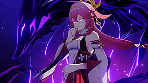 Yae Miko Genshin Impact Character Art with Purple Energy and Dark Background HD wallpaper