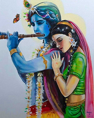 Radha Krishna Painting: Blue-Skinned Krishna Playing Flute with Radha in Green Saree HD phone wallpaper