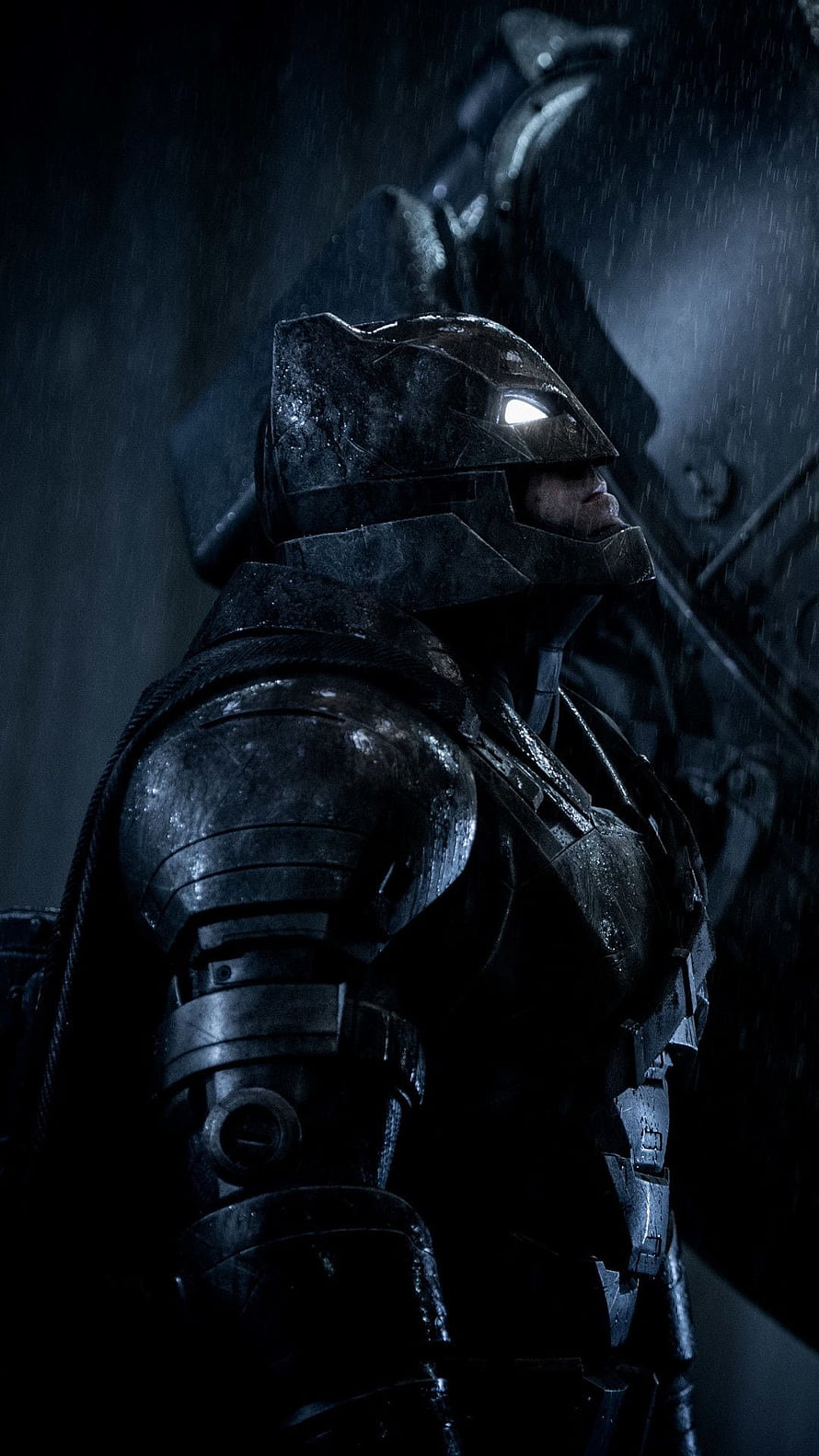 Ben Affleck as Batman in Dark Knight Armor Under Rainy Night Lighting HD phone wallpaper