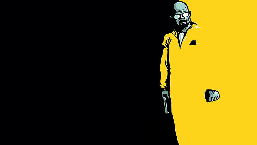 Breaking Bad Walter White Yellow Hazmat Suit Illustration with Pistol on Black and Yellow Background HD wallpaper