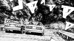 Initial D manga panel showing two JDM sedans racing on a mountain road with dramatic speed lines HD wallpaper