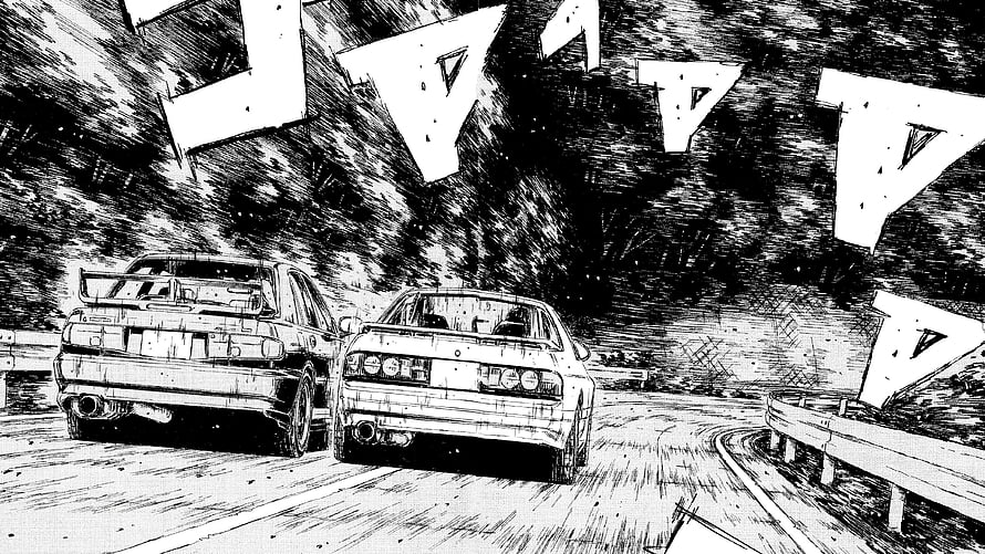 Initial D manga panel showing two JDM sedans racing on a mountain road with dramatic speed lines HD wallpaper
