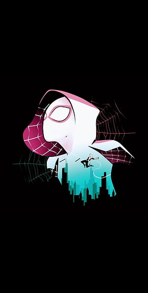 Spider-Gwen Profile Artwork with Cityscape Silhouette and Web Patterns on Black Background HD phone wallpaper
