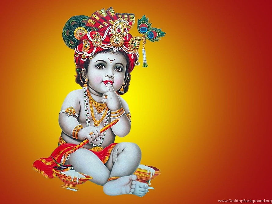 Baal Krishna Childhood Portrait with Flute and Peacock Crown on Golden Background HD wallpaper