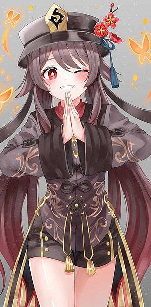 Hu Tao from Genshin Impact in Traditional Chinese Attire with Praying Hands and Winking Expression HD phone wallpaper
