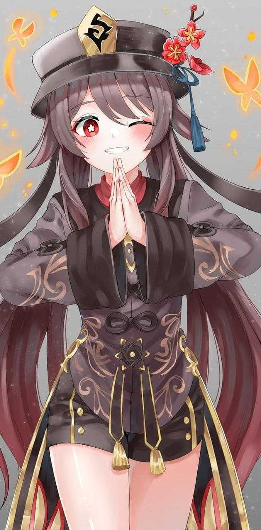 Hu Tao from Genshin Impact in Traditional Chinese Attire with Praying Hands and Winking Expression HD phone wallpaper