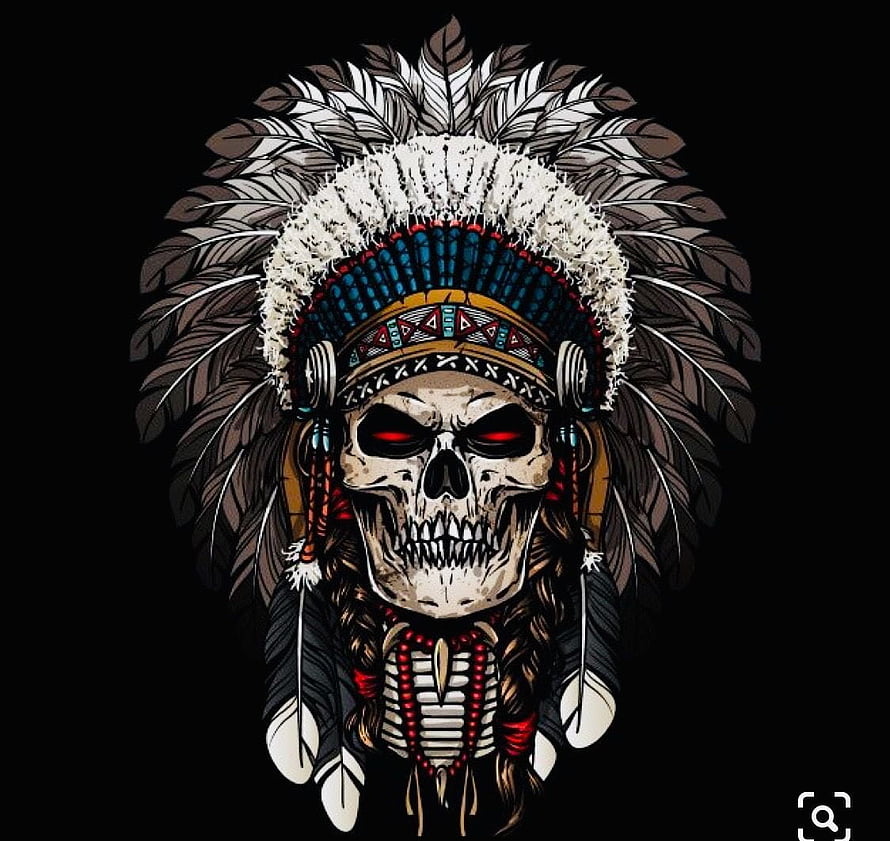 Native American Skull with War Bonnet and Red Eyes Dark Illustration HD wallpaper