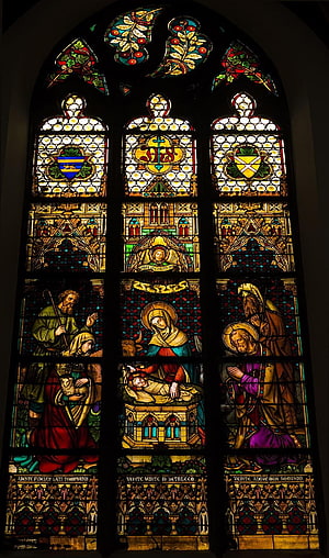 Gothic Stained Glass Window Depicting the Annunciation and Nativity Scenes HD phone wallpaper