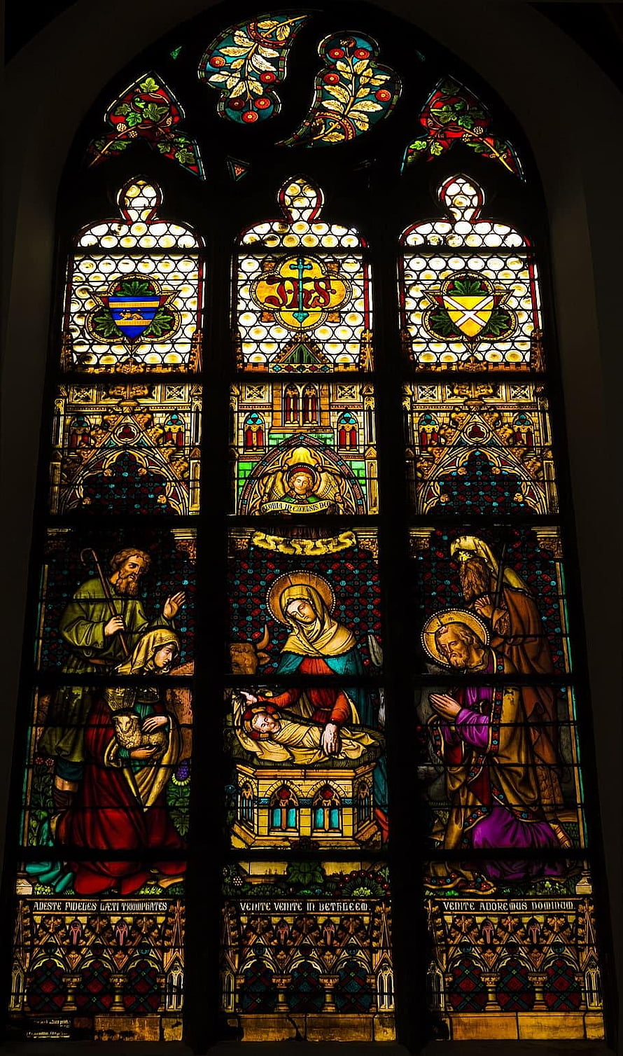 Gothic Stained Glass Window Depicting the Annunciation and Nativity Scenes HD phone wallpaper