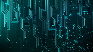 Glowing Teal Circuit Board Pattern with Digital Data Streams and Abstract Tech Lines HD wallpaper