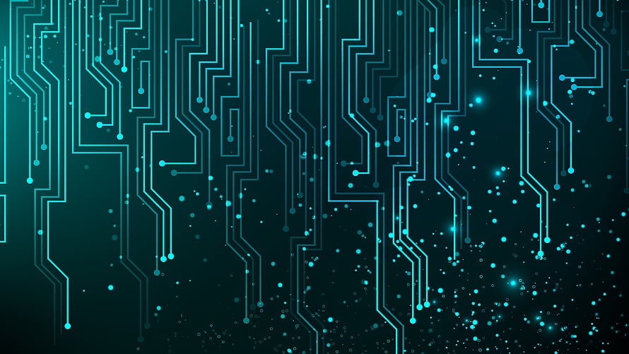 Glowing Teal Circuit Board Pattern with Digital Data Streams and Abstract Tech Lines HD wallpaper