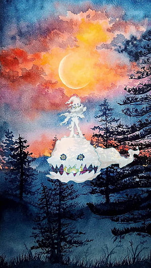 Watercolor Fantasy Illustration of a Ghostly Figure Riding a Creature in a Twilight Forest HD phone wallpaper
