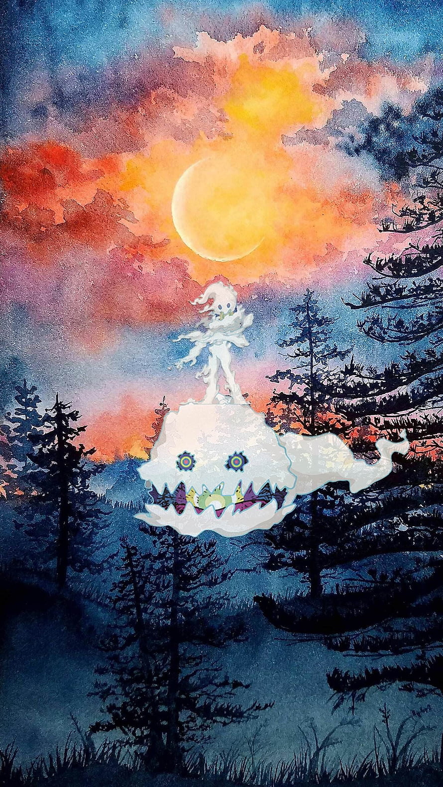 Watercolor Fantasy Illustration of a Ghostly Figure Riding a Creature in a Twilight Forest HD phone wallpaper