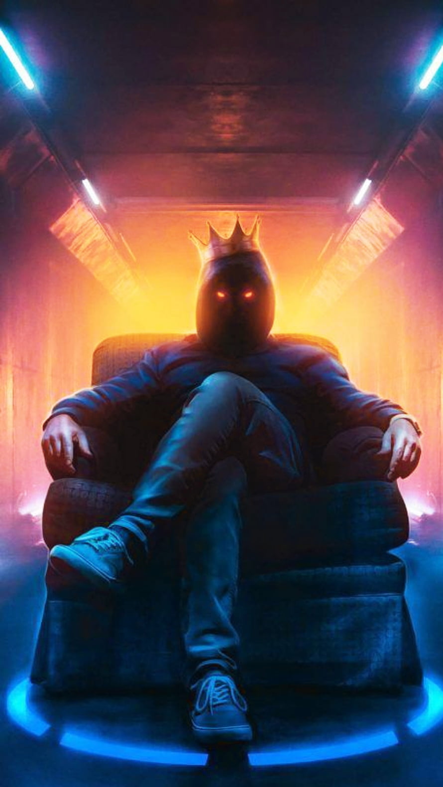 Crowned Android Figure Seated in Neon-Lit Throne Room with Glowing Red Eyes HD phone wallpaper