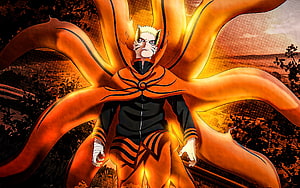 Naruto Uzumaki in Nine-Tails Chakra Mode with Orange Aura and Black Stripes HD wallpaper