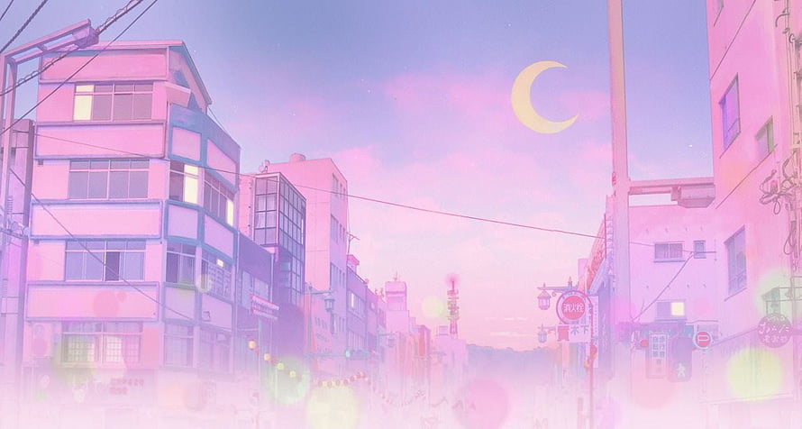 Dreamy Pastel Japanese Cityscape with Crescent Moon and Soft Pink Haze HD wallpaper