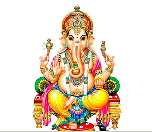 Lord Ganesha Seated on Ornate Throne Holding Axe and Modaka with Mouse Vahana HD wallpaper