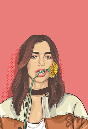 Dua Lipa Pop Art Portrait Holding Yellow Flower Stem HD phone wallpaper