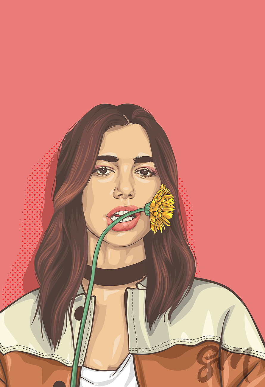 Dua Lipa Pop Art Portrait Holding Yellow Flower Stem HD phone wallpaper