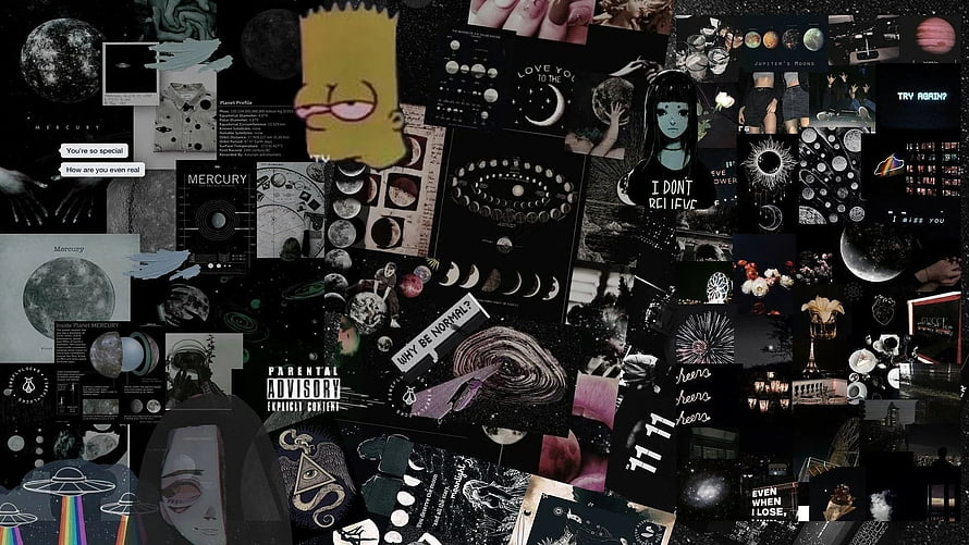 Dark Grunge Aesthetic Collage with Bart Simpson, Celestial Bodies, and Vintage Pop Culture Elements HD wallpaper