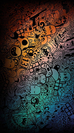 Dense Doodle Art with Gaming Controllers and Retro Pixel Elements in Warm to Cool Gradient HD phone wallpaper