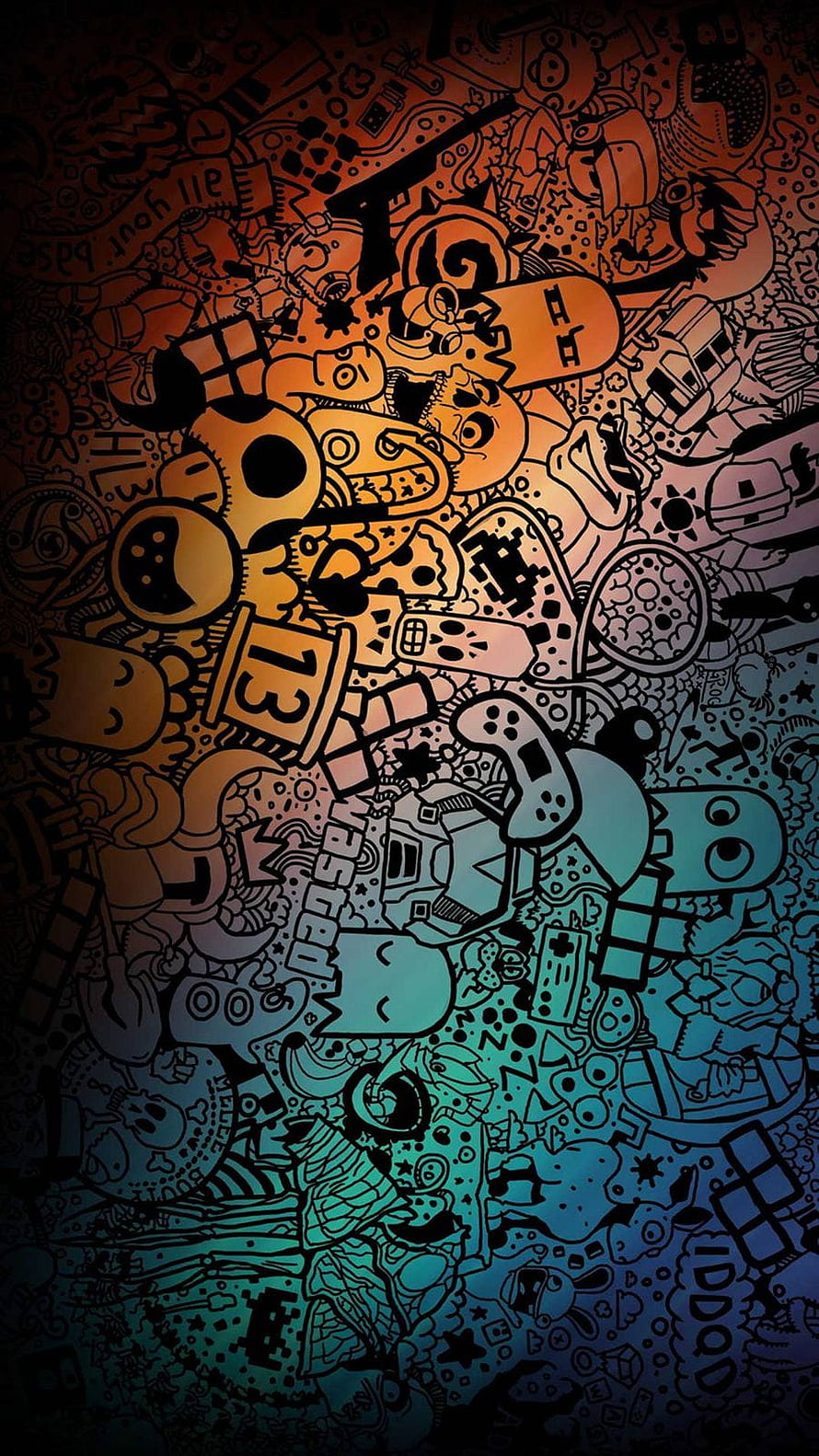Dense Doodle Art with Gaming Controllers and Retro Pixel Elements in Warm to Cool Gradient HD phone wallpaper