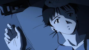 Shinji Ikari Lying in Bed with SDAT Cassette in Dark Blue Anime Scene HD wallpaper