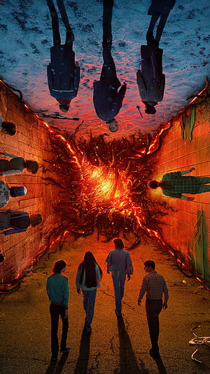 Stranger Things Characters Facing Glowing Demogorgon Portal in Dark Underground Tunnel HD phone wallpaper
