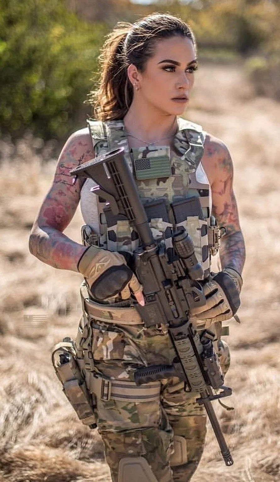 Tattooed Female Soldier in Multicam Gear Holding Tactical Rifle in Dry Field HD phone wallpaper