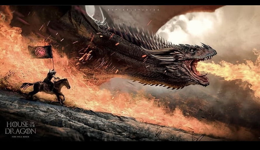 House of the Dragon Fantasy Artwork Featuring a Massive Fire-Breathing Dragon and Knight HD wallpaper