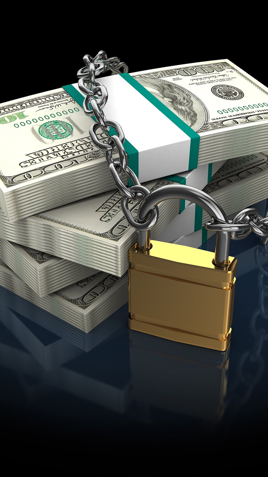 Stacks of US Dollar Bills Secured by a Heavy Chain and Golden Padlock on a Reflective Surface HD phone wallpaper