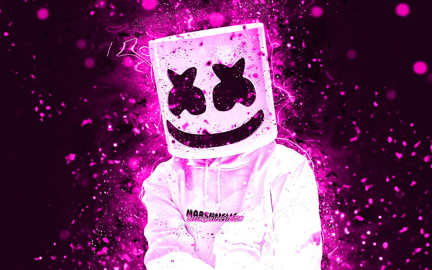 DJ Marshmello in Iconic White Helmet Against Vibrant Purple Neon Particle Background HD wallpaper