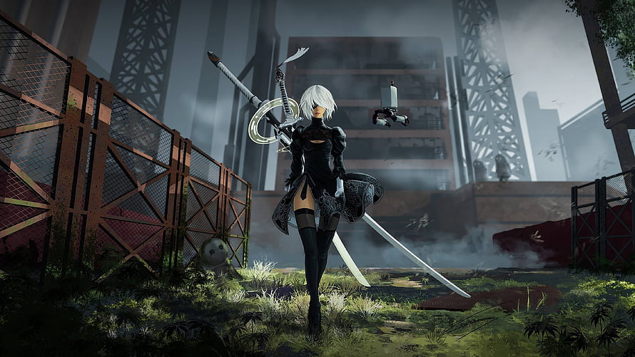YoRHa 2B from NieR Automata Standing in Overgrown Ruins with Twin Swords HD wallpaper