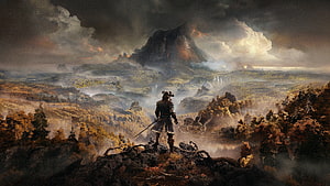Lone Warrior Standing on Rocky Cliff Overlooking Misty Mountain Valley HD wallpaper
