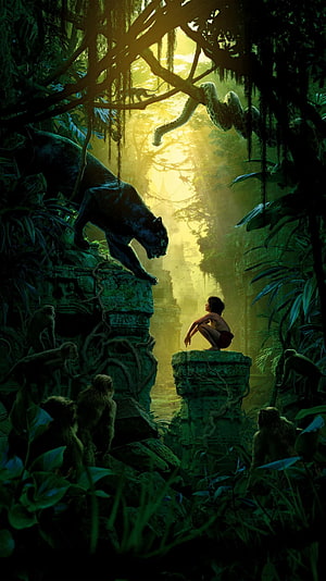 Mowgli and Bagheera in the Sunlit Jungle Ruins from The Jungle Book HD phone wallpaper