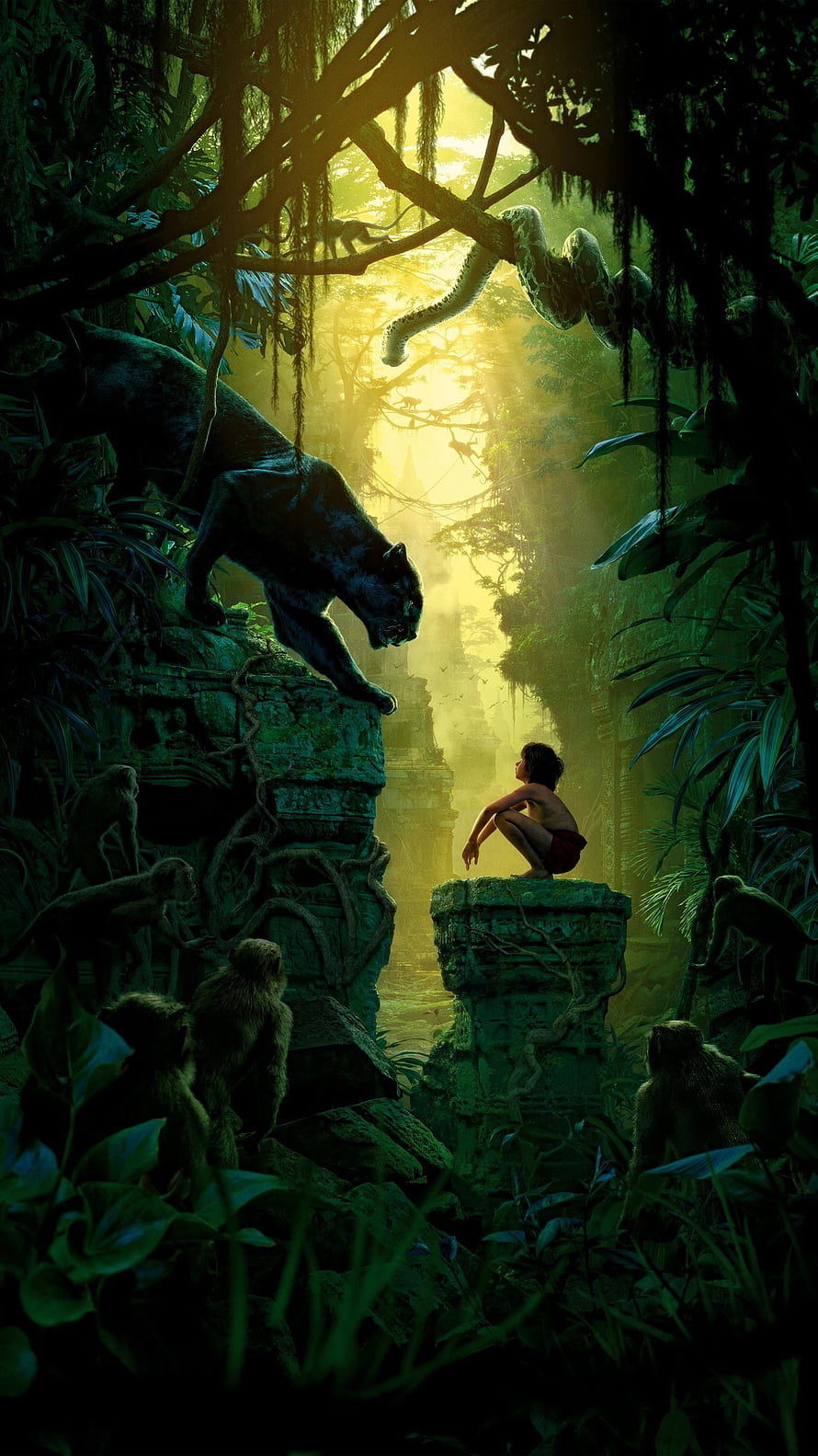 Mowgli and Bagheera in the Sunlit Jungle Ruins from The Jungle Book HD phone wallpaper