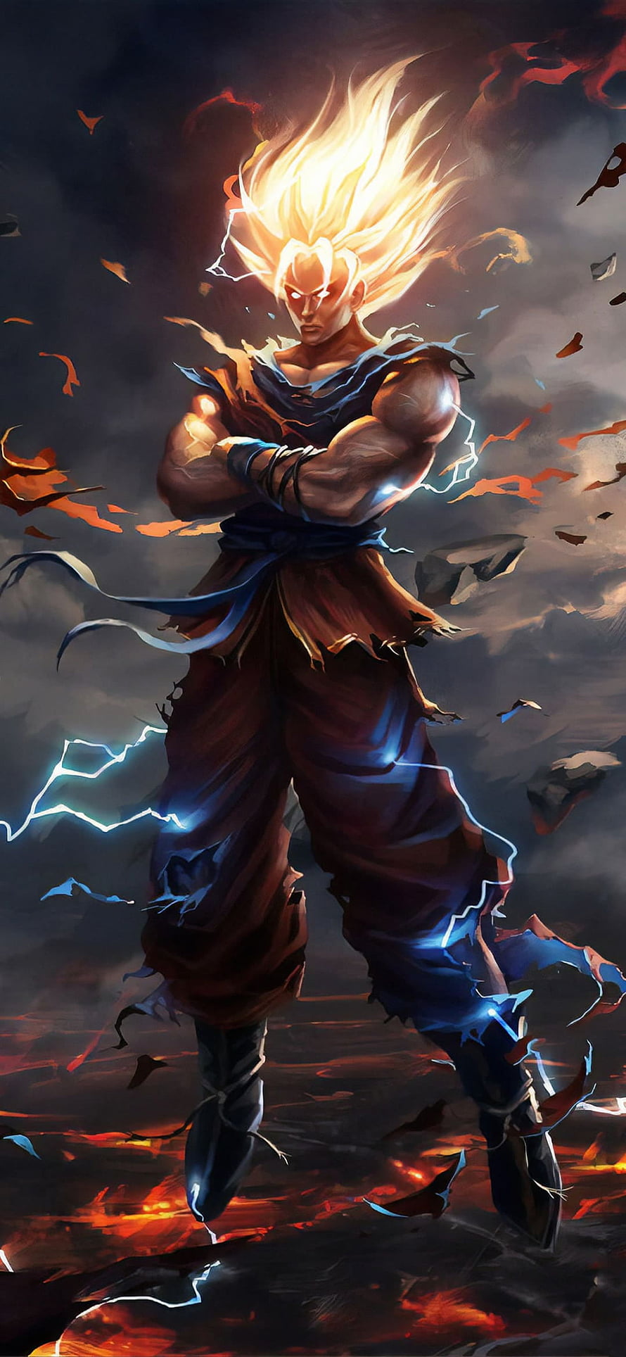 Goku Super Saiyan Digital Art with Fiery Aura and Lightning Energy HD phone wallpaper