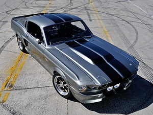 Silver Ford Mustang Shelby GT500 Eleanor with Black Racing Stripes on Concrete HD wallpaper