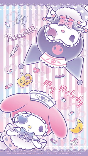 Cute Halloween Kuromi and My Melody Sanrio Characters in Pastel Pink and Purple Striped Wallpaper HD phone wallpaper
