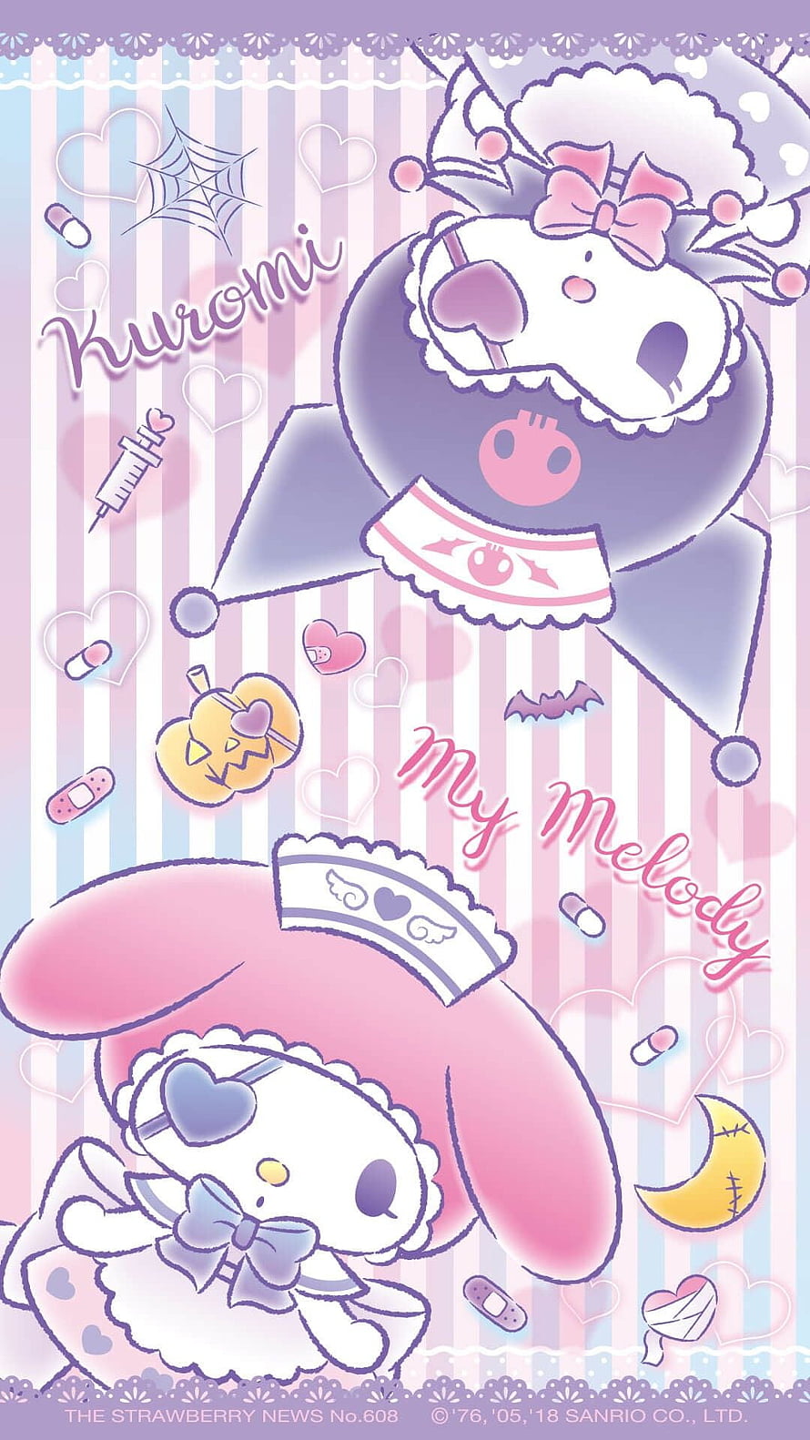 Cute Halloween Kuromi and My Melody Sanrio Characters in Pastel Pink and Purple Striped Wallpaper HD phone wallpaper