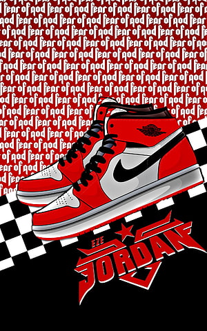 Red and White Air Jordan 1 High Sneakers on Checkered Background with Eze Jordan Logo HD phone wallpaper