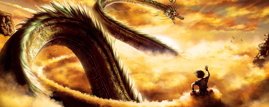 Goku Reaching Toward a Giant Dragon in Golden Clouds HD wallpaper